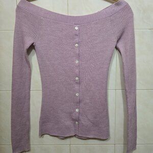 FRAME Off-The-Shoulder Ribbed Knit Cardigan Sweater Top XS Pink Lilac